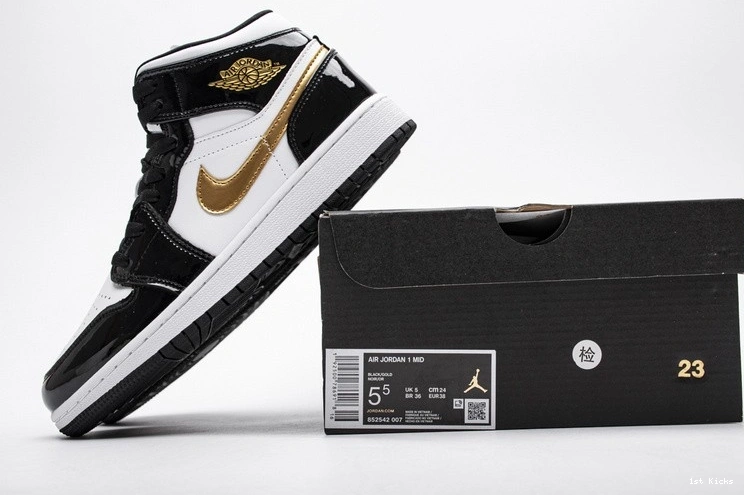 1 Black Gold  Mid Jordan Patent  White 852542-007 0410